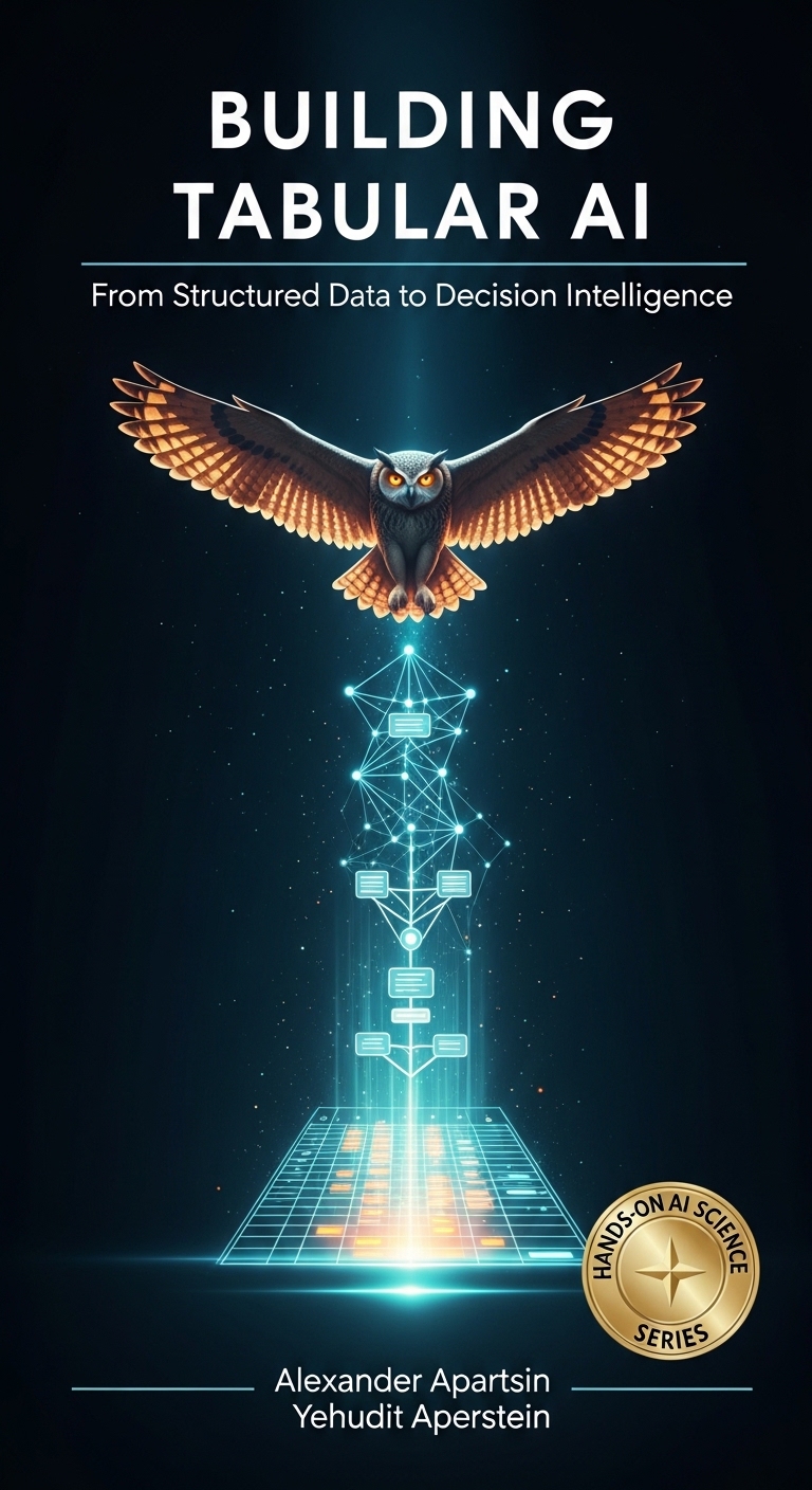 Book cover: a luminous data-table grid rising through a wireframe network and a decision tree into a photorealistic owl, with the title Building Tabular AI, From Structured Data to Decision Intelligence